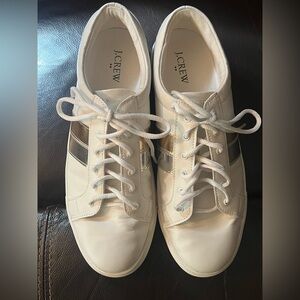 J CREW  Road Trip  SZ 10 White Sneakers With metallic gold and silver Stripe